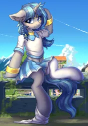 Size: 1440x2048 | Tagged: safe, artist:ravistdash, derpibooru import, oc, oc:cork, pony, unicorn, clothes, cute, dark skin, egyptian, female, greek, horn, image, looking at you, mare, png, scenery, socks, solo, solo female, stocking feet, stockings, thigh highs