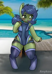 Size: 620x877 | Tagged: safe, artist:anykoe, derpibooru import, oc, oc:gray hat, earth pony, beach, blue hair, blushing, clothes, cute, cutie mark, earth pony oc, female, green eyes, green skin, heart, heart eyes, image, palm tree, png, signature, socks, solo, swimming pool, swimsuit, tongue out, tree, wingding eyes