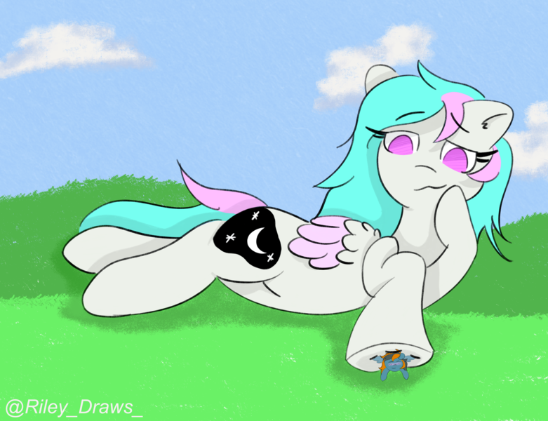 Size: 5333x4096 | Tagged: safe, artist:riley_draws_, derpibooru import, oc, oc:riley, oc:skittles, pegasus, pony, blue background, giant pony, hill, image, lying down, macro, macro/micro, png, scenery, side, simple background, smol, smug, squish, stepped on, tiny, tiny ponies
