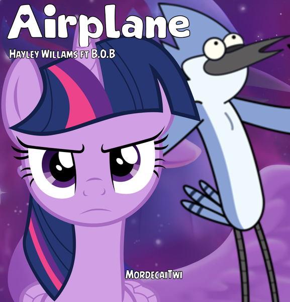 Size: 1194x1242 | Tagged: safe, artist:edy_january, artist:tardifice, artist:timelordomega, derpibooru import, edit, editor:edy_january, twilight sparkle, twilight sparkle (alicorn), alicorn, anthro, bird, pony, airplanes (song), album, album cover, album parody, anthro bird, anthro with ponies, b.o.b., boyfriend and girlfriend, crossover, crossover shipping, duo, duo male and female, female, g4, glow, hayley williams, image, male, mordecai, mordetwi, music, parody, png, purple background, regular show, shipping, simple background, song, song reference, straight