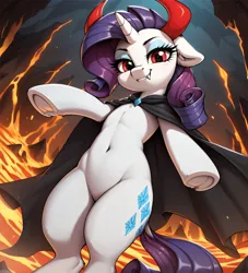 Size: 2048x2256 | Tagged: safe, ai content, derpibooru import, machine learning generated, prompter:ramprover, stable diffusion, rarity, pony, unicorn, belly button, bipedal, cloak, clothes, cute, devil horns, ear fluff, fangs, female, floppy ears, frog (hoof), g4, generator:pony diffusion v6 xl, horn, horns, image, jpeg, lava, lidded eyes, long eyelashes, looking at you, makeup, mare, solo, underhoof