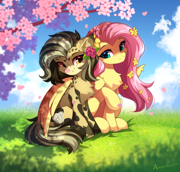 Size: 1778x1700 | Tagged: safe, artist:airiniblock, derpibooru import, fluttershy, oc, pegasus, cloud, flower, flower in hair, grass, image, pegasus oc, png, sakura con, sky, wings