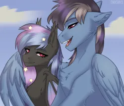 Size: 2800x2400 | Tagged: safe, artist:enderbee, derpibooru import, oc, unofficial characters only, bat pony, pegasus, pony, couple, female, hug, image, looking at each other, looking at someone, male, oc x oc, pegasus oc, png, shipping, sky, smiling, smiling at each other, straight, winghug, wings