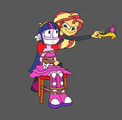 Size: 1095x1080 | Tagged: safe, artist:bugssonicx, derpibooru import, sunset shimmer, twilight sparkle, human, equestria girls, big crown thingy, bondage, bound and gagged, cloth gag, crown, element of magic, g4, gag, image, jewelry, png, regalia, tied to chair, tied up
