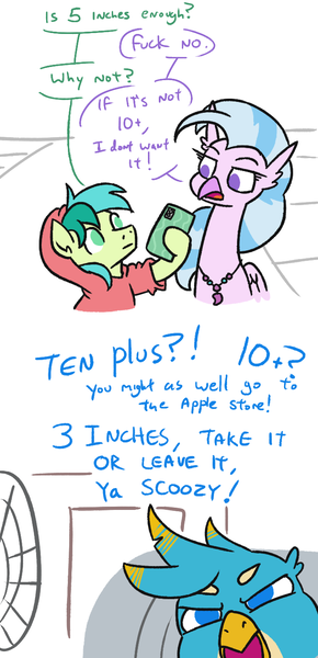 Size: 675x1395 | Tagged: safe, artist:jargon scott, gallus, sandbar, silverstream, classical hippogriff, earth pony, gryphon, hippogriff, pony, art pack:fun size 2, clothes, female, gallus has a tiny dick, hoodie, hoof hold, image, innuendo, male, mobile phone, phone, png, smartphone, stallion