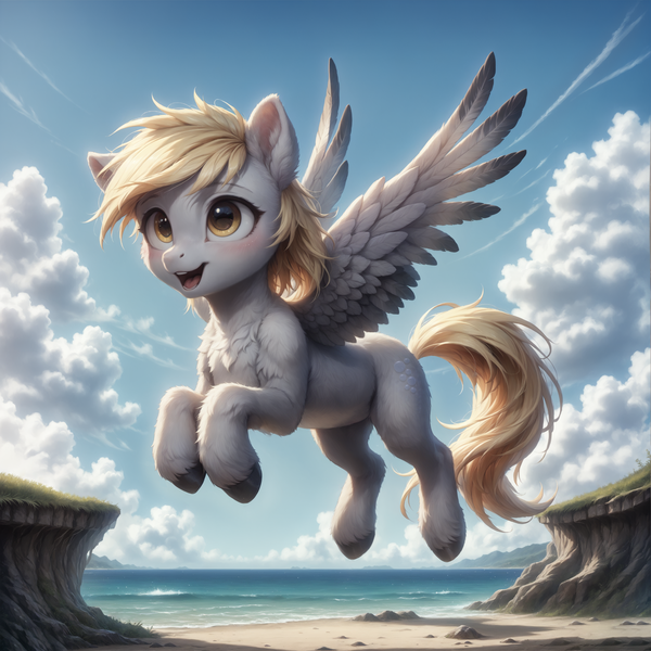 Size: 2048x2048 | Tagged: safe, ai content, derpibooru import, generator:autismmixpony, machine learning generated, prompter:adorablebluefox, stable diffusion, derpy hooves, pegasus, pony, beach, beautiful, belly, blue sky, blushing, cheek fluff, chest fluff, cliff, cloud, cloudy, cute, derpabetes, detailed, ear blush, ear fluff, ears up, feather, feathered wings, female, fluffy, flying, full body, g4, high res, hoof fluff, hooves, image, leg fluff, mare, nature, ocean, open mouth, open smile, outdoors, png, pretty, sand, scenery, short hair, sky, smiling, solo, spread wings, unshorn fetlocks, water, wave, wings