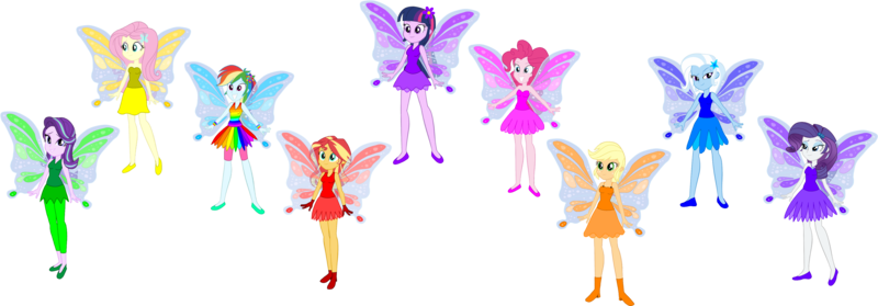 Size: 3991x1391 | Tagged: safe, artist:invisibleink, artist:tylerajohnson352, derpibooru import, applejack, fluttershy, pinkie pie, rainbow dash, rarity, starlight glimmer, sunset shimmer, trixie, twilight sparkle, fairy, equestria girls, fairy wings, g4, image, png, wings