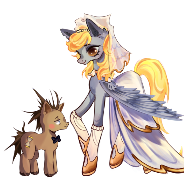 Size: 4000x4000 | Tagged: safe, artist:cioccolata, derpibooru import, derpy hooves, doctor whooves, time turner, earth pony, pegasus, pony, alternate hairstyle, blushing, bowtie, bride, clothes, commission, cute, derpabetes, dress, duo, duo male and female, female, groom, hoof shoes, image, looking at each other, looking at someone, male, meme, messy mane, png, raised hoof, ship:doctorderpy, shipping, simple background, size difference, socks, stockings, straight, the bride and the ugly ass groom, thigh highs, unshorn fetlocks, veil, wedding dress, wedding veil, white background, ych result