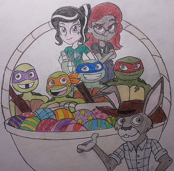 Size: 1450x1421 | Tagged: safe, artist:jebens1, derpibooru import, oc, oc:curse word, oc:magpie, hare, rabbit, equestria girls, animal, basket, donatello, easter, easter basket, easter egg, g4, holiday, image, jpeg, leonardo, michelangelo, raphael, remake, teenage mutant ninja turtles, tmnt 2012