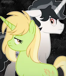 Size: 2000x2275 | Tagged: safe, artist:pigeorgien, derpibooru import, oc, oc:flask burner, oc:harvest honey, unofficial characters only, pony, unicorn, female, g4, horn, husband and wife, image, male, mare, married couple, outline, png, stallion, white outline