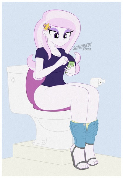 Size: 1320x1902 | Tagged: questionable, artist:sonork91, ponerpics import, ponybooru import, fleur-de-lis, human, equestria girls, ass, bathroom, big breasts, breasts, but why, butt, cleavage, clothes, feet, female, fleur-de-rriere, fleur-de-seins, hairclip, high heels, image, implied pissing, implied pooping, jpeg, large butt, legs, looking at something, mobile phone, panties, panties pulled down, pants, pants down, phone, sandals, shirt, shoes, sitting, sitting on toilet, solo, solo female, t-shirt, thighs, toes, toilet, toilet paper, toilet paper roll, underwear, yellow panties, yellow underwear