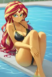 Size: 3328x4864 | Tagged: suggestive, ai content, derpibooru import, machine learning generated, stable diffusion, sunset shimmer, human, equestria girls, ass, big breasts, bikini, breasts, bunset shimmer, busty sunset shimmer, butt, clothes, female, g4, generator:pony diffusion v6 xl, generator:purplesmart.ai, image, legs in the water, legs together, long hair, partially submerged, png, prompter:lerkyboy, sexy, solo, solo female, stupid sexy sunset shimmer, summer, swimming pool, swimsuit, wet hair