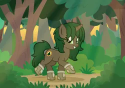 Size: 7105x5000 | Tagged: safe, artist:jennieoo, derpibooru import, oc, oc:pine shine, pony, unicorn, boots, bush, clothes, crepuscular rays, female, forest, hiking, horn, image, looking at you, mare, nature, png, raised hoof, shoes, smiling, smiling at you, solo, tree, trotting