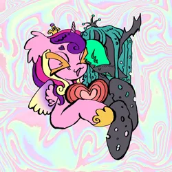 Size: 2048x2048 | Tagged: safe, artist:larvaecandy, derpibooru import, princess cadance, queen chrysalis, alicorn, changeling, changeling queen, pony, duo, female, g4, heart, image, infidelity, lesbian, png, ship:cadalis, shipping
