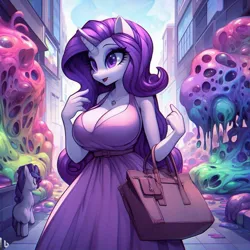 Size: 1024x1024 | Tagged: safe, ai content, derpibooru import, machine learning generated, rarity, anthro, goo, unicorn, bag, big breasts, breasts, busty rarity, cleavage, clothes, curvy, dress, female, g4, handbag, horn, hourglass figure, huge breasts, image, jewelry, jpeg, necklace, open mouth, prompter:horselover fat, purse, solo, solo female, standing, stupid sexy rarity, surreal, weird