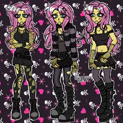 Size: 2400x2400 | Tagged: safe, artist:redactedhaunt, derpibooru import, fluttershy, human, equestria girls, clothes, fishnets, g4, goth, humanized, image, patterned background, png, solo