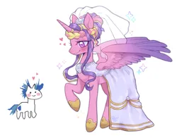 Size: 2443x1917 | Tagged: safe, artist:paichi-art, derpibooru import, princess cadance, shining armor, alicorn, pony, unicorn, alternate hairstyle, blush lines, blush sticker, blushing, clothes, dress, female, heart, horn, image, male, mare, meme, partially open wings, png, ship:shiningcadance, shipping, simple background, size difference, smiling, stallion, straight, stylistic suck, the bride and the ugly ass groom, veil, wedding dress, wedding veil, white background, wings