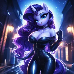 Size: 1024x1024 | Tagged: suggestive, ai content, derpibooru import, machine learning generated, prompter:glimmy-glam, rarity, anthro, big breasts, breasts, busty rarity, choker, cleavage, clothes, female, g4, generator:dall-e 3, gloves, head tilt, hips, image, jpeg, lamp, leather, leather gloves, night, off shoulder, shiny, smiling, solo, solo female, street, stupid sexy rarity, zipper