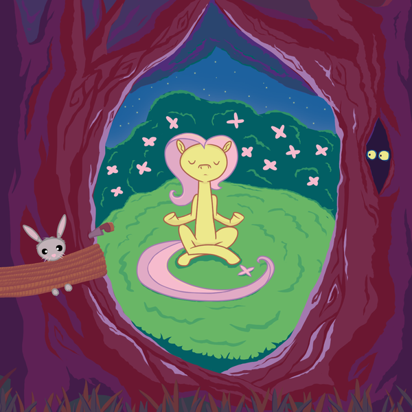 Size: 1440x1440 | Tagged: safe, artist:mafon, derpibooru import, angel bunny, fluttershy, pegasus, pony, rabbit, animal, duo, duo male and female, eyes closed, eyes in the dark, female, flower, forest, image, knife, male, mare, meditating, nature, png, sitting, solo focus, tied to tree, tied up, tree