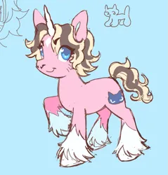 Size: 729x763 | Tagged: safe, artist:fluttershyes, derpibooru import, oc, unnamed oc, unofficial characters only, pony, unicorn, blue background, blue eyes, coat markings, colored hooves, colored horn, colored pinnae, eye clipping through hair, eyelashes, facial hair, facial markings, horn, image, male, nose piercing, piercing, pink coat, png, ponysona, raised hoof, septum piercing, short mane, short tail, simple background, sketch, smiling, socks (coat marking), solo, stallion, star (coat marking), tail, two toned mane, two toned tail, unicorn oc, unshorn fetlocks, wingding eyes