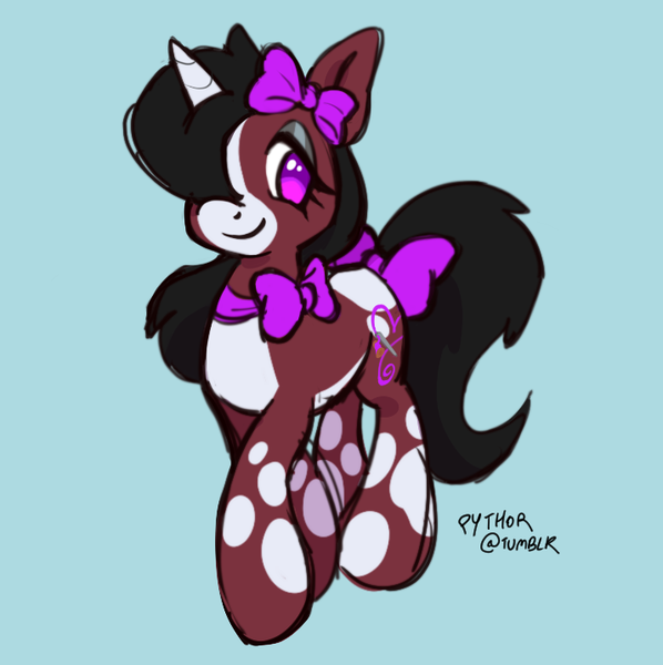 Size: 715x717 | Tagged: safe, artist:fluttershyes, derpibooru import, oc, oc:softie cuddle, unofficial characters only, pony, unicorn, appaloosa, black mane, black tail, blaze (coat marking), blue background, bow, brown coat, coat markings, colored belly, colored horn, colored muzzle, colored sketch, commission, eyelashes, eyeshadow, facial markings, female, hair bow, hair over one eye, horn, image, lidded eyes, long mane, long tail, looking back, makeup, mare, neck bow, pale belly, png, purple eyes, signature, simple background, sketch, smiling, spots, spotted, tail, tail bow, unicorn oc