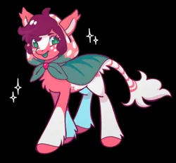 Size: 937x867 | Tagged: safe, artist:fluttershyes, derpibooru import, oc, oc:strawberry shortstack, unofficial characters only, earth pony, pony, ambiguous gender, black background, blaze (coat marking), cape, chest fluff, clothes, coat markings, colored eyelashes, colored hooves, colored mouth, colored pinnae, commission, ear tufts, earth pony oc, eye clipping through hair, eyebrows, eyebrows visible through hair, eyelashes, facial markings, fetlock tuft, freckles, green eyes, hooded cape, image, leonine tail, looking at you, png, purple mane, red coat, short mane, simple background, smiling, smiling at you, socks (coat markigns), sparkles, standing, tail, tail fluff, two toned tail