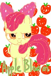 Size: 400x600 | Tagged: safe, artist:tear, derpibooru import, apple bloom, earth pony, pony, angry, apple, female, filly, foal, food, image, jpeg, simple background, solo, text, white background