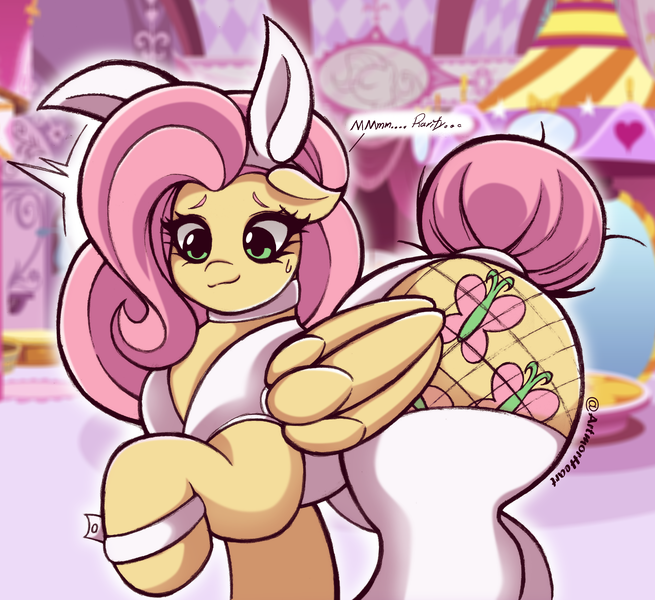 Size: 2048x1875 | Tagged: safe, alternate version, artist:artmorheart, derpibooru import, fluttershy, pegasus, pony, adorasexy, alternate hairstyle, bunny ears, bunny girl, bunny suit, butt, choker, chokershy, clothes, cute, fishnets, flutterbutt, g4, image, large butt, png, raised hoof, sexy, smiling, socks, stockings, sweat, sweatdrop, thigh highs, wide hips, wings