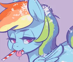 Size: 551x471 | Tagged: suggestive, artist:lizombie, derpibooru import, rainbow dash, pegasus, pony, candy, candy cane, cropped, drool, female, food, g4, image, licking, lidded eyes, mare, mouth hold, png, snow, solo, solo female, tongue out