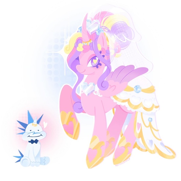 Size: 1440x1440 | Tagged: safe, artist:beaniebearz, derpibooru import, princess cadance, shining armor, alicorn, pony, unicorn, alternate hairstyle, bowtie, clothes, dress, female, floating heart, heart, heart eyes, horn, horn ring, image, jewelry, jpeg, looking at you, male, mare, meme, messy mane, ring, ship:shiningcadance, shipping, simple background, sitting, size difference, smiling, smiling at you, stallion, straight, the bride and the ugly ass groom, veil, wedding dress, wedding veil, white background, wingding eyes