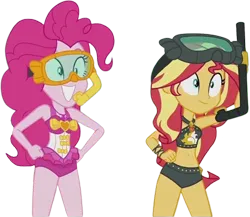 Size: 2899x2520 | Tagged: safe, derpibooru import, editor:homersimpson1983, pinkie pie, sunset shimmer, human, equestria girls, background removed, bikini, clothes, duo, duo female, female, g4, image, png, smiling, snorkel, swimsuit