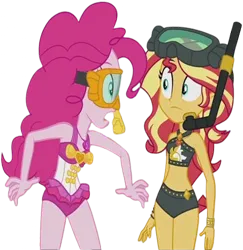 Size: 2449x2520 | Tagged: safe, derpibooru import, editor:homersimpson1983, pinkie pie, sunset shimmer, human, equestria girls, bikini, clothes, duo, duo female, female, g4, image, png, snorkel, swimsuit