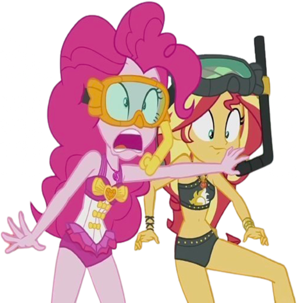 Size: 2475x2520 | Tagged: safe, derpibooru import, edit, edited screencap, editor:homersimpson1983, screencap, pinkie pie, sunset shimmer, human, equestria girls, background removed, bikini, clothes, duo, duo female, female, g4, image, not a vector, png, snorkel, solo, swimsuit