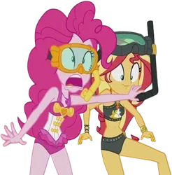 Size: 2475x2520 | Tagged: safe, derpibooru import, edit, edited screencap, editor:homersimpson1983, screencap, pinkie pie, sunset shimmer, human, equestria girls, background removed, bikini, clothes, duo, duo female, female, g4, image, not a vector, png, snorkel, solo, swimsuit