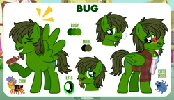 Size: 1200x689 | Tagged: safe, artist:jennieoo, derpibooru import, oc, oc:bug, insect, monster pony, original species, pegasus, pony, spiderpony, beard, commission, facial hair, female to male, happy, image, laughing, looking at you, male, moustache, png, pride, pride flag, reference sheet, rule 63, sad, simple background, smiling, smiling at you, solo, stallion, tongue out, transgender, transgender pride flag, vector