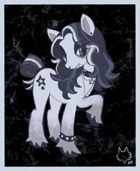 Size: 608x742 | Tagged: safe, artist:thrivinghigh, derpibooru import, oc, unnamed oc, unofficial characters only, earth pony, pony, abstract background, bags under eyes, beauty mark, border, bracelet, choker, coat markings, colored hooves, colored pinnae, concave belly, ear piercing, earring, earth pony oc, eye clipping through hair, eyeshadow, female, gray mane, gray tail, image, jewelry, lidded eyes, long mane, looking down, makeup, mare, multicolored mane, necklace, nose piercing, piercing, png, ponysona, raised hoof, septum piercing, short tail, signature, smiling, socks (coat marking), solo, spiked wristband, standing, tail, tied tail, unshorn fetlocks, wavy mane, white coat, wingding eyes, wristband