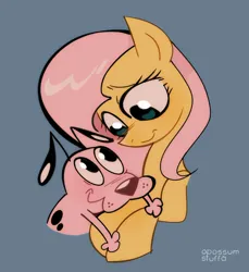 Size: 1218x1331 | Tagged: safe, artist:opossum-stuff, derpibooru import, fluttershy, dog, pony, blue background, courage the cowardly dog, crossover, duo, duo male and female, eyelashes, female, hug, image, jpeg, looking at each other, looking at someone, male, mare, pink mane, shiny mane, signature, simple background, smiling, smiling at each other, teal eyes, wingding eyes, yellow coat
