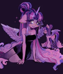 Size: 1746x2048 | Tagged: safe, artist:plushvamp, derpibooru import, twilight sparkle, anthro, black dress, clothes, dress, ear piercing, glasses, image, jpeg, piercing, self paradox, self ponidox