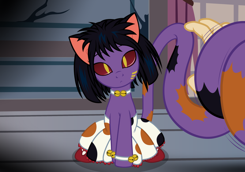 Size: 3284x2300 | Tagged: safe, artist:badumsquish, derpibooru import, ponified, cat, cat pony, human, monster pony, original species, pony, bell, bell collar, bracelet, choker, clothes, collar, dark, derpibooru exclusive, female, g4, grabbing, hand, head tilt, house, image, jewelry, looking at you, mare, necklace, nekonelle, offscreen character, png, polka dots, pov, raised tail, red eyes, sailor moon (series), shoes, show accurate, sitting, skirt, socks, solo, stockings, tail, tentacle tail, tentacles, thigh highs