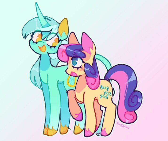 Size: 1060x890 | Tagged: safe, artist:sillyp0ne, derpibooru import, bon bon, lyra heartstrings, sweetie drops, earth pony, pony, unicorn, adorabon, big ears, blue coat, blue eyes, blue mane, blushing, colored hooves, colored mouth, colored pinnae, colored tongue, countershading, curly mane, curly tail, curved horn, cute, duo, duo female, ear fluff, eye clipping through hair, eyebrows, eyebrows visible through hair, eyelashes, female, g4, gradient background, height difference, horn, image, jpeg, leonine tail, lesbian, long horn, long legs, long mane, looking at each other, looking at someone, lyrabetes, lyrabon, mare, no pupils, physique difference, raised hoof, shipping, signature, smiling, smiling at each other, tail, teal coat, thin legs, two toned mane, two toned tail, unshorn fetlocks, yellow coat, yellow eyes, yellow tongue