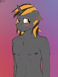 Size: 768x1024 | Tagged: suggestive, derpibooru import, shining armor, oc, oc:nettle kiss, anthro, blushing, clothes, image, jpeg, male, male nipples, nipples, nudity, partial nudity, recolor, topless