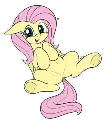 Size: 1699x1932 | Tagged: safe, artist:wapamario63, derpibooru import, fluttershy, pegasus, pony, belly button, colored, cute, dock, ears, female, flat colors, floppy ears, g4, image, looking at you, lying down, mare, on back, open mouth, open smile, png, shyabetes, simple background, smiling, smiling at you, solo, tail, transparent background, underhoof, wings
