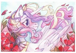 Size: 2048x1430 | Tagged: safe, artist:dorry, derpibooru import, princess cadance, alicorn, pony, flower, flower petals, g4, image, jpeg, solo