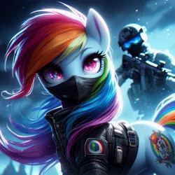 Size: 1024x1024 | Tagged: prompter needed, safe, ai content, derpibooru import, machine learning generated, rainbow dash, generator:dall-e 3, image, jpeg, looking at you, snow, soldier