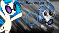 Size: 1600x900 | Tagged: safe, artist:theunsespectedbrony, artist:valcron, derpibooru import, vinyl scratch, unicorn, glasses, horn, image, png, red eyes, standing on two hooves, wallpaper