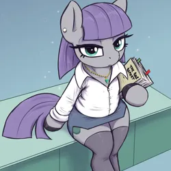 Size: 3000x3000 | Tagged: safe, artist:t72b, derpibooru import, maud pie, earth pony, pony, alternate clothes, button-up shirt, clothes, desk, ear piercing, earring, eyeshadow, female, g4, hoof hold, image, jewelry, lidded eyes, looking at you, looking up, looking up at you, makeup, mare, necklace, office lady, piercing, png, shirt, shoes, side slit, simple background, sitting, skirt, socks, stockings, thigh highs