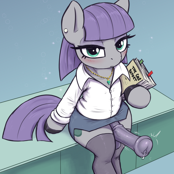 Size: 3000x3000 | Tagged: explicit, alternate version, artist:t72b, derpibooru import, maud pie, earth pony, pony, alternate clothes, balls, big balls, big penis, blushing, button-up shirt, clothes, desk, ear piercing, earring, eyeshadow, female, futa, futa maud pie, g4, hoof hold, horsecock, huge balls, huge penis, image, intersex, jewelry, lidded eyes, looking at you, makeup, mare, necklace, nudity, office lady, penis, piercing, png, precum, shirt, shoes, side slit, simple background, sitting, skirt, socks, solo, solo futa, stockings, thigh highs