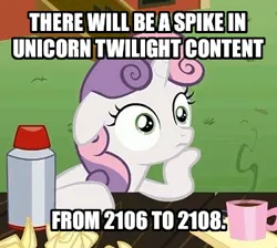 Size: 349x313 | Tagged: safe, banned from derpibooru, deleted from derpibooru, derpibooru import, sweetie belle, caption, exploitable meme, image, image macro, implied twilight sparkle, jpeg, meme, obligatory pony, sudden clarity sweetie belle, text