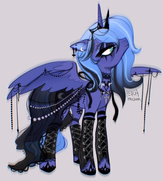 Size: 2459x2722 | Tagged: safe, artist:peachmichea, derpibooru import, princess luna, alicorn, pony, beads, black dress, choker, closed mouth, clothes, cross, cross necklace, crown, dress, ear piercing, earring, eye clipping through hair, eyebrow piercing, eyeliner, eyeshadow, female, floppy ears, frown, g4, goth, gothic, gray background, image, jewelry, jpeg, lidded eyes, makeup, mare, necklace, partially open wings, piercing, regalia, s1 luna, simple background, solo, spread wings, standing, tiara, wing jewelry, wings