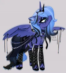 Size: 2459x2722 | Tagged: safe, artist:peachmichea, derpibooru import, princess luna, alicorn, pony, beads, black dress, choker, closed mouth, clothes, cross, cross necklace, crown, dress, ear piercing, earring, eye clipping through hair, eyebrow piercing, eyeliner, eyeshadow, female, floppy ears, frown, g4, goth, gothic, gray background, image, jewelry, jpeg, lidded eyes, makeup, mare, necklace, partially open wings, piercing, regalia, s1 luna, simple background, solo, spread wings, standing, tiara, wing jewelry, wings